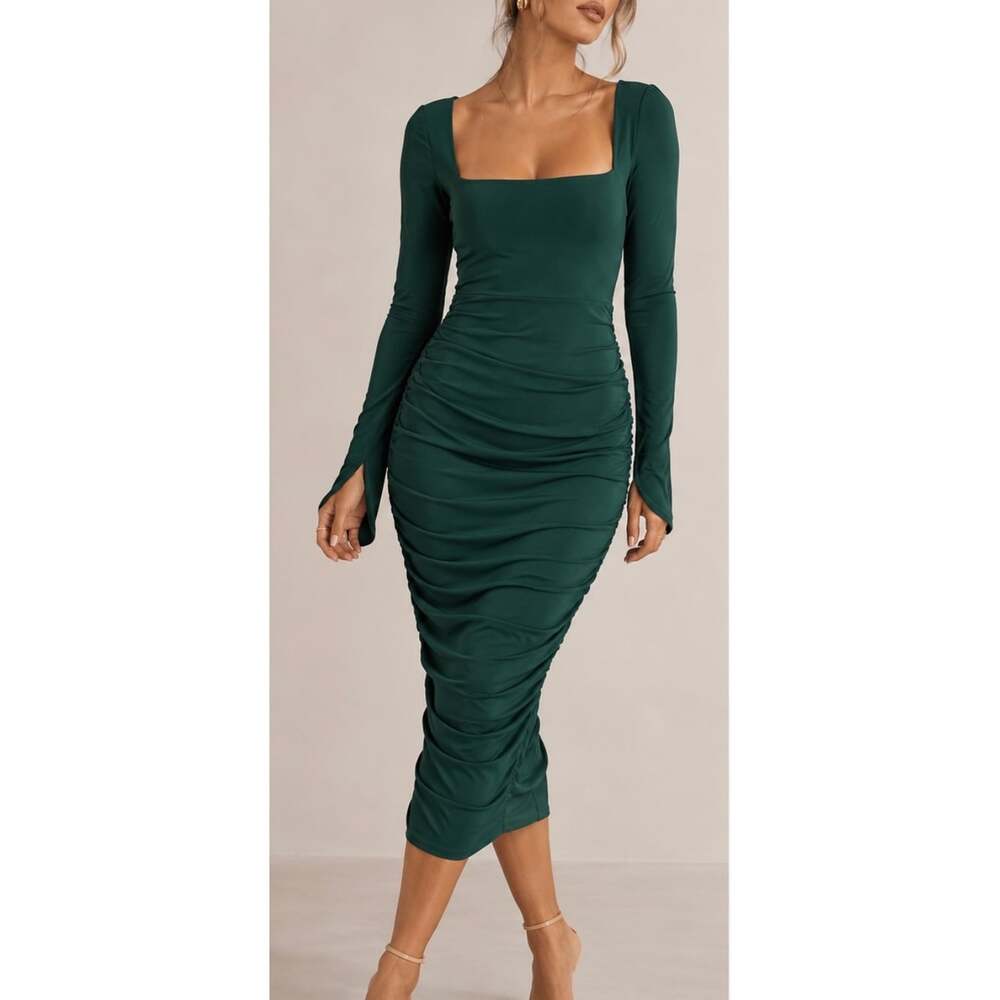Club L London Green Ruched Long Sleeve Bodycon Midi Dress US 8 EUC